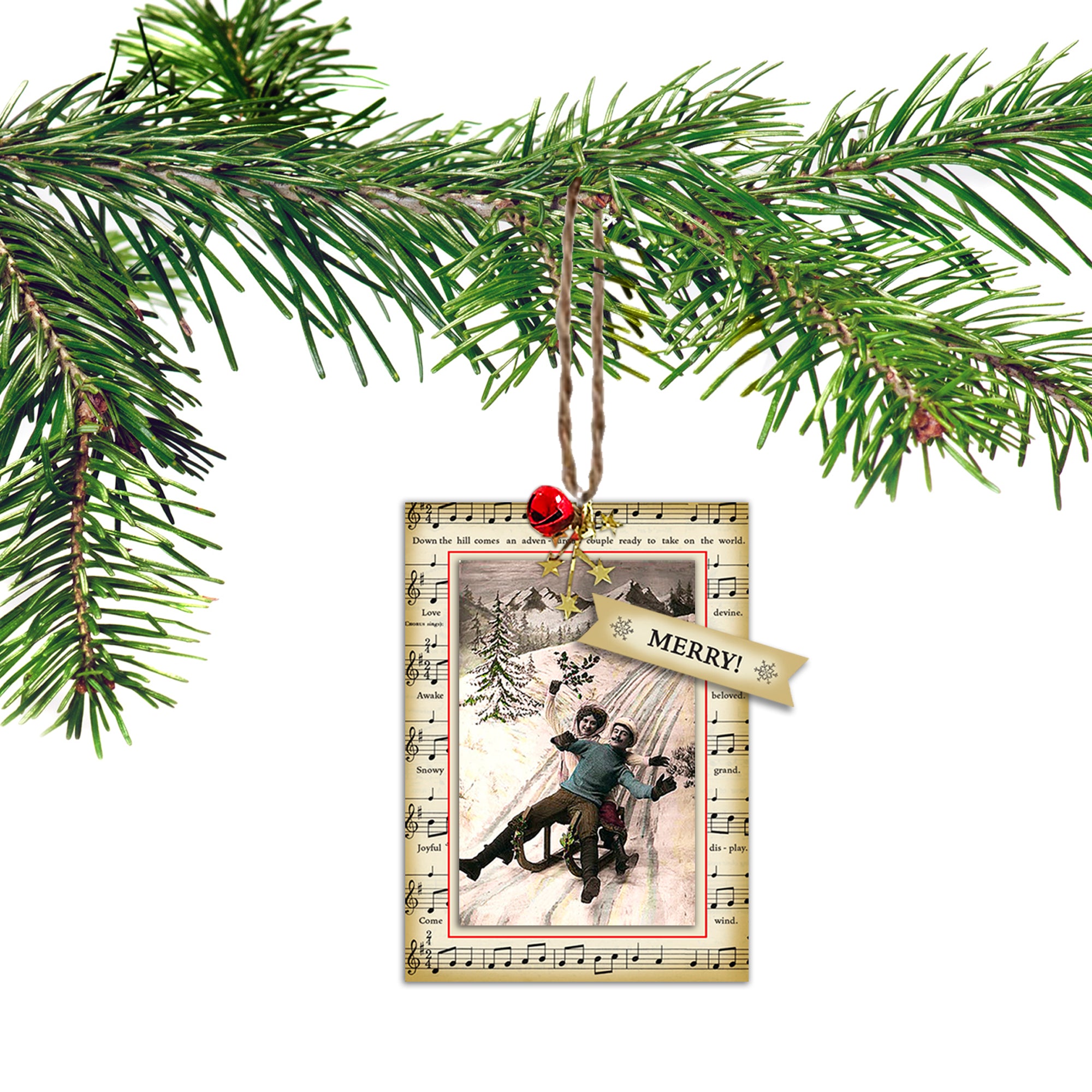 Check out our Victorian couple coming down the hill in a “let’s celebrate” fashion. Reduced French Vintage New Year’s post card mounted onto a reduced vintage music sheet. Red jingle bell and gold star garland accent jute twine hanger. French Victorian sledding photo comes forward with three paper layers separated by foam lifts. Victorian Christmas tree ornaments using funny Victorian photos. Perfect as a gift topper and humorous conversation piece.  tribegift.com
