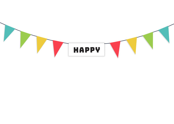 Colorful vibrant "HAPPY" pennant banner celebrates all occasions! This pennant banner sends a "Let's be happy!" message to those around it. Hassle-free fully assembled pennant banner. Printed on durable cover stock with soft velvet finish. Measures 74 inches wide. Extra black string is provided on each end for hanging. Each letter measures 4.625 x 4.125 inches. This pennant banner design matches the pennant banner found in the "Let's Party" Van Poster. It's time to have a HAPPY PARTY!  tribegift.com