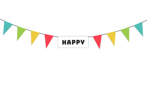 Colorful vibrant "HAPPY" pennant banner celebrates all occasions! This pennant banner sends a "Let's be happy!" message to those around it. Hassle-free fully assembled pennant banner. Printed on durable cover stock with soft velvet finish. Measures 74 inches wide. Extra black string is provided on each end for hanging. Each letter measures 4.625 x 4.125 inches. This pennant banner design matches the pennant banner found in the "Let's Party" Van Poster. It's time to have a HAPPY PARTY!  tribegift.com