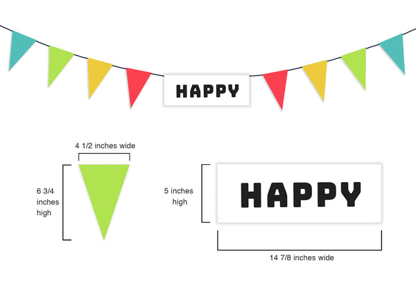 Colorful vibrant "HAPPY" pennant banner celebrates all occasions! This pennant banner sends a "Let's be happy!" message to those around it. Hassle-free fully assembled pennant banner. Printed on durable cover stock with soft velvet finish. Measures 74 inches wide. Extra black string is provided on each end for hanging. Each letter measures 4.625 x 4.125 inches. This pennant banner design matches the pennant banner found in the "Let's Party" Van Poster. It's time to have a HAPPY PARTY!  tribegift.com