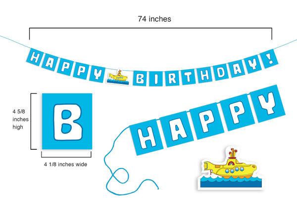 Colorful vibrant "Happy Birthday" Yellow Submarine pennant banner! Hassle-free fully assembled. Printed on durable cover stock with soft velvet finish. Measures 74 inches wide. Extra blue string is provided on each end for hanging. Each letter measures 4.625 x 4.125 inches. Playful Yellow Submarine illustration placed between "Happy" and "Birthday." Yellow Submarine party supplies - tribegift.com