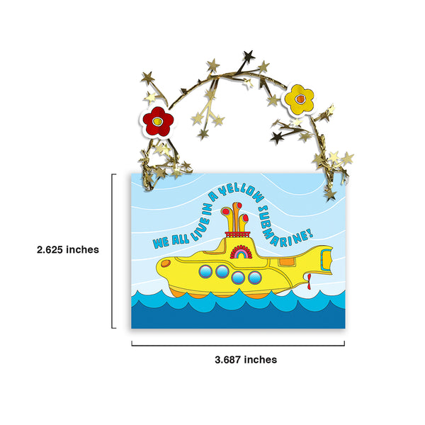 Colorful and sparkling Yellow Submarine Christmas ornament for you or your special someone! A Yellow Submarine sails the sea amid golden garland reflections. Unique one-of-a-kind ornament. Two flower heads accent a golden star-wired garland hoop affixed to the top and works perfect for hanging! Quantity pricing - 1 for 8.95, 4 for 6.74 each, and 8+ for 4.87 each. Great way to say "Merry Christmas" or "Happy Holidays" in Beatle language! tribegift.com